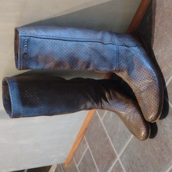 Prada Brown silver metal logo under the knee leather cut out boots size37.5 - Picture 2 of 11
